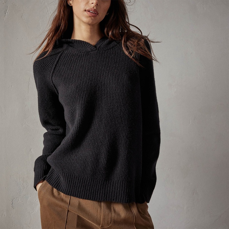 Thermal Knit Hooded Sweater – Black