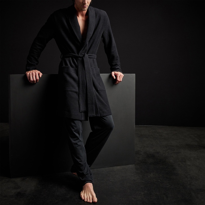 Brushed Thermal Knit Hooded Robe – Black
