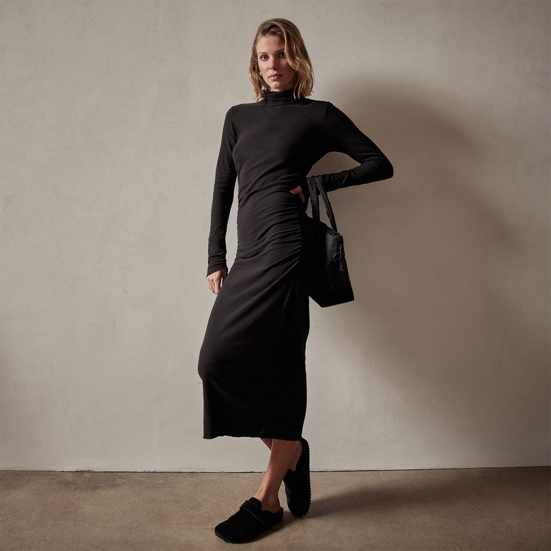 Recycled Brushed Jersey Ruched Turtleneck Dress – Black