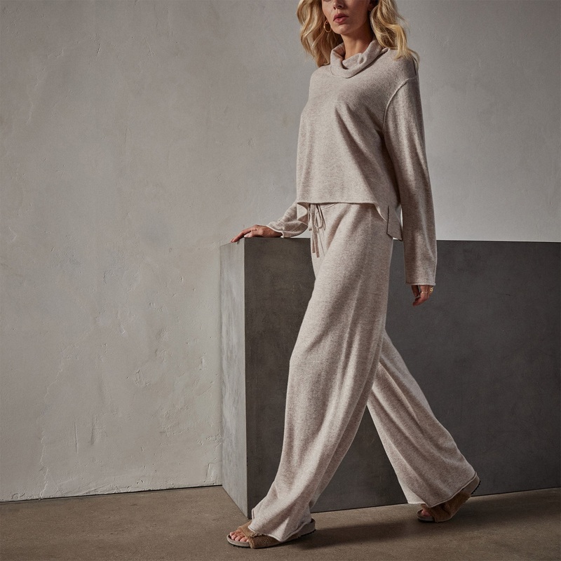 Recycled Cashmere Wide Leg Pant – Stone