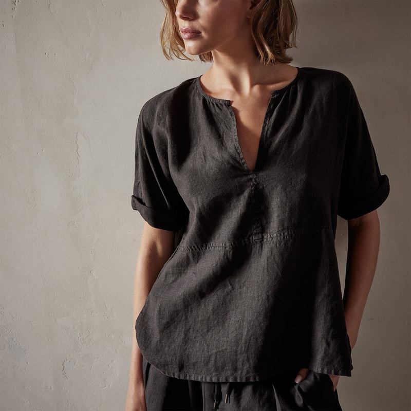 Open Front Linen Top – Black