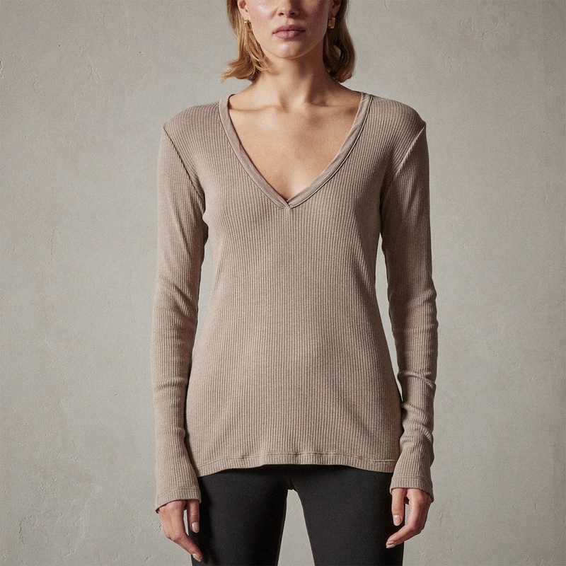 Deep V Long Sleeve Rib Top – Fawn