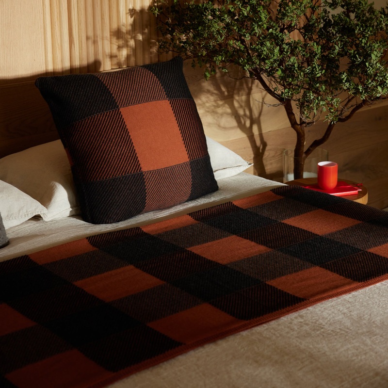 Vintage Plaid Cashmere Blanket – Burnt Orange/ Charcoal/ Black