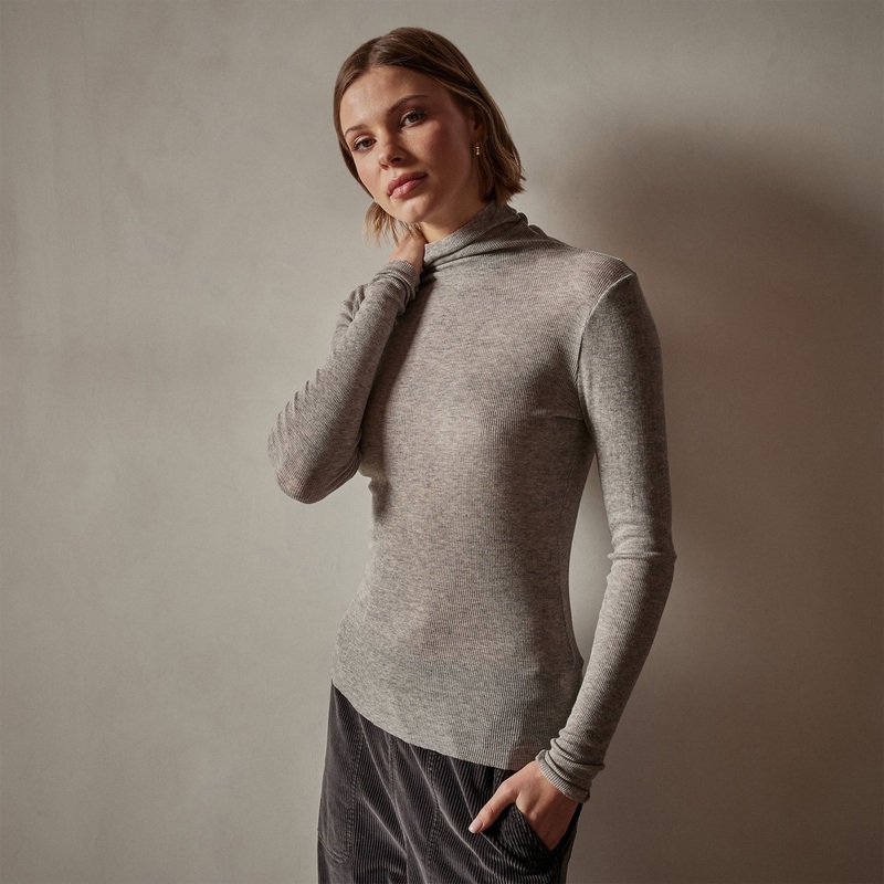 Cotton Cashmere Blend Ribbed Turtleneck – Heather Grey