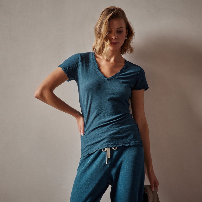 Sheer Slub Casual V Neck – Teal