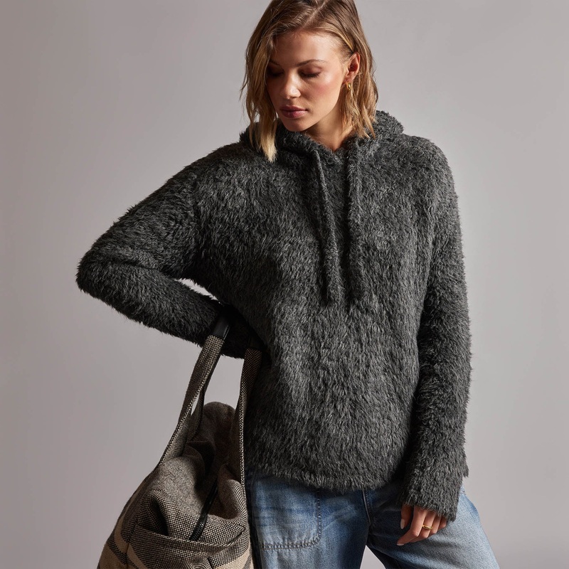 Wool Blend Sherpa Hooded Sweater – Anthracite