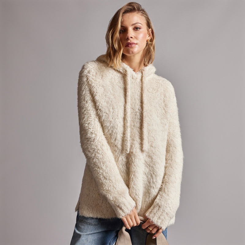 Wool Blend Sherpa Hooded Sweater – Natural