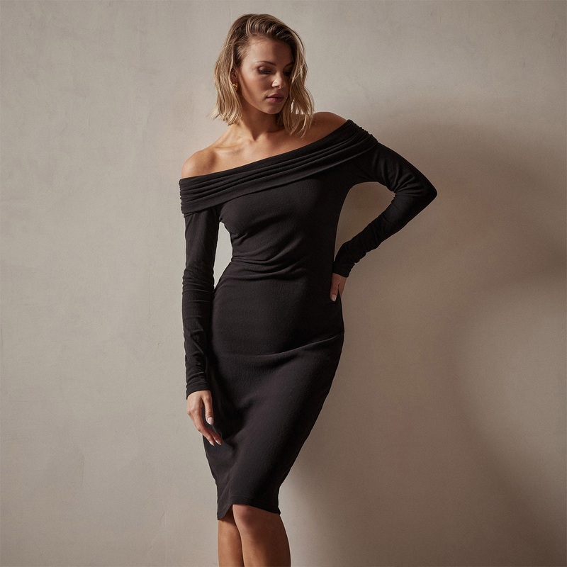 Brushed Jersey Off The Shoulder Dress – Black
