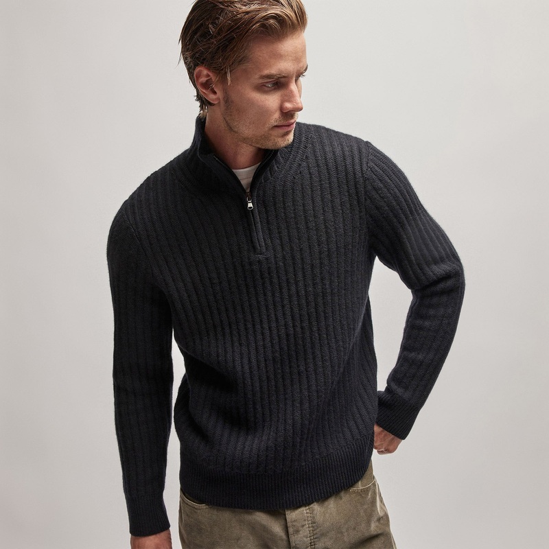 Cashmere Rib Half Zip Sweater – Black