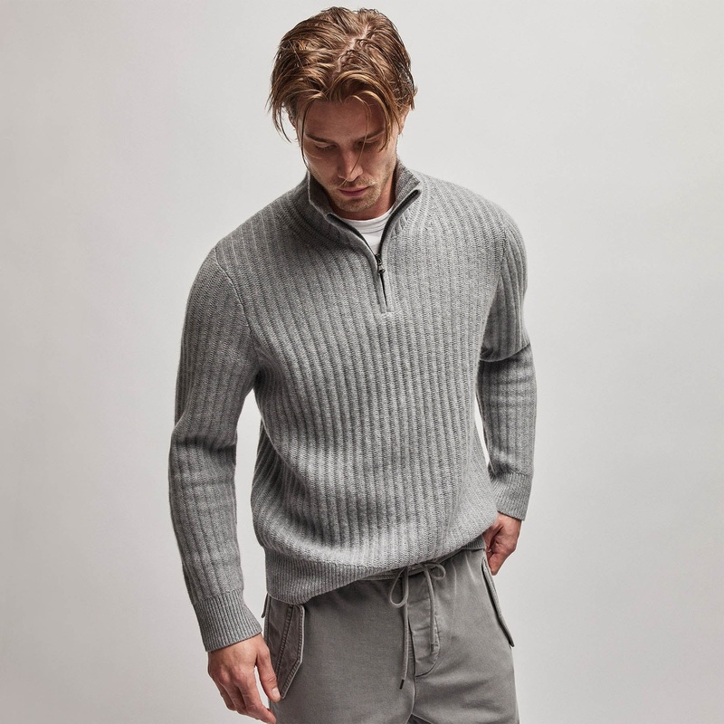Cashmere Rib Half Zip Sweater – Heather Grey