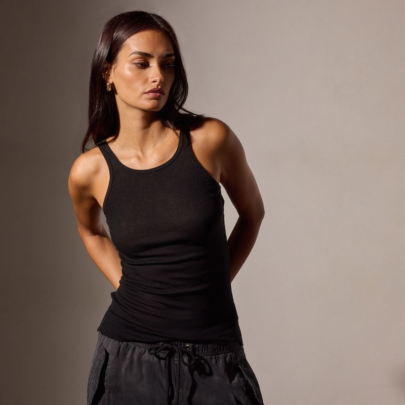Cotton Cashmere Blend Ribbed Tank – Black