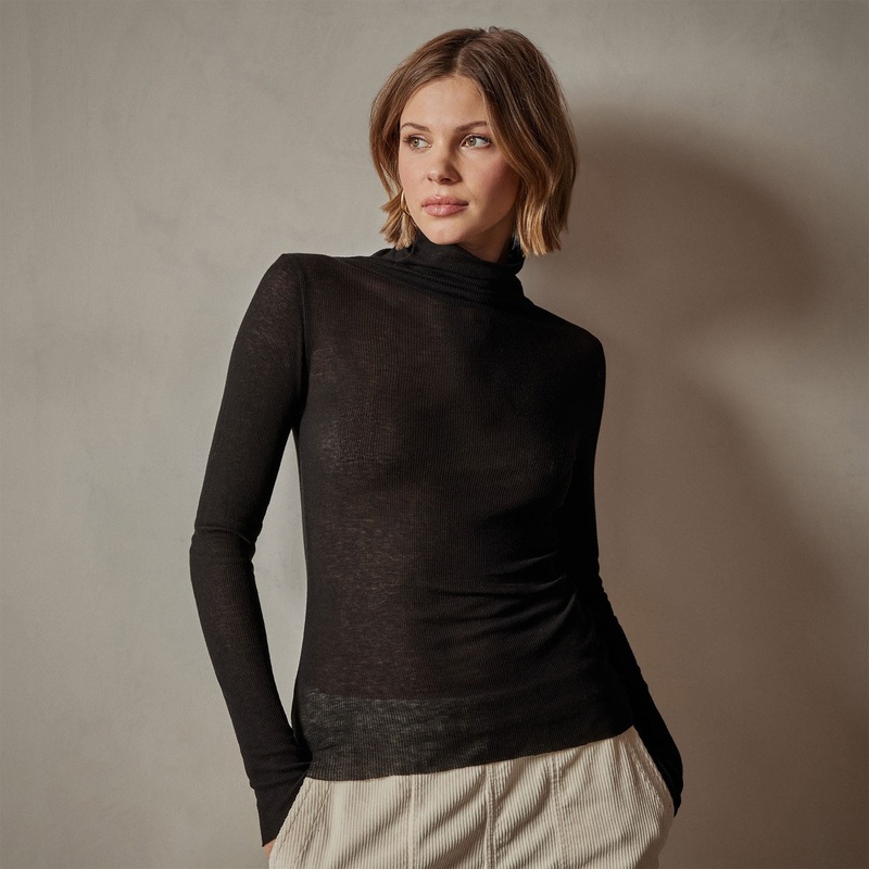 Cotton Cashmere Blend Ribbed Turtleneck – Black