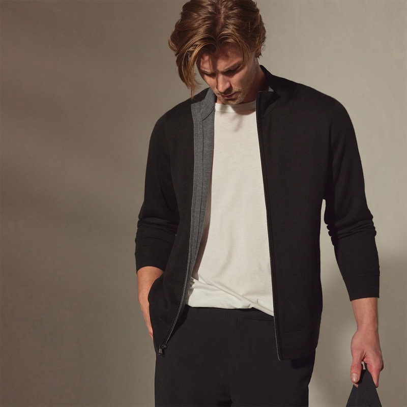 Lightweight Fine Gauge Cashmere Zip Up – Black/Charcoal