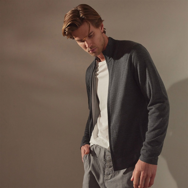 Lightweight Fine Gauge Cashmere Zip Up – Charcoal/stone