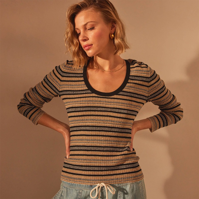 Stretch Linen Ribbed U Neck – Black Stripe