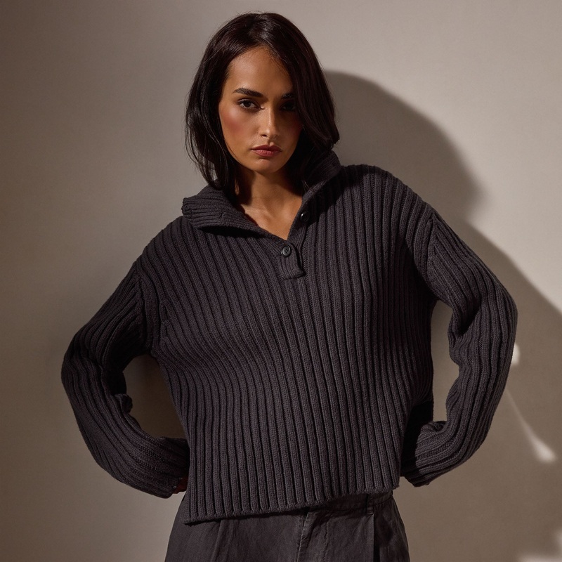 Cotton Knit Funnel Neck Sweater – Magma