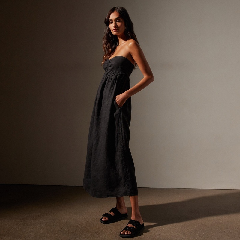 Linen Gathered Tube Dress – Black