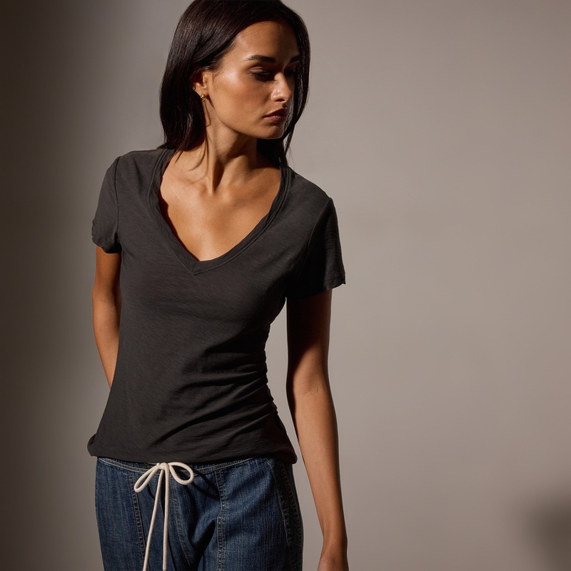 Sheer Slub Casual V Neck – Carbon