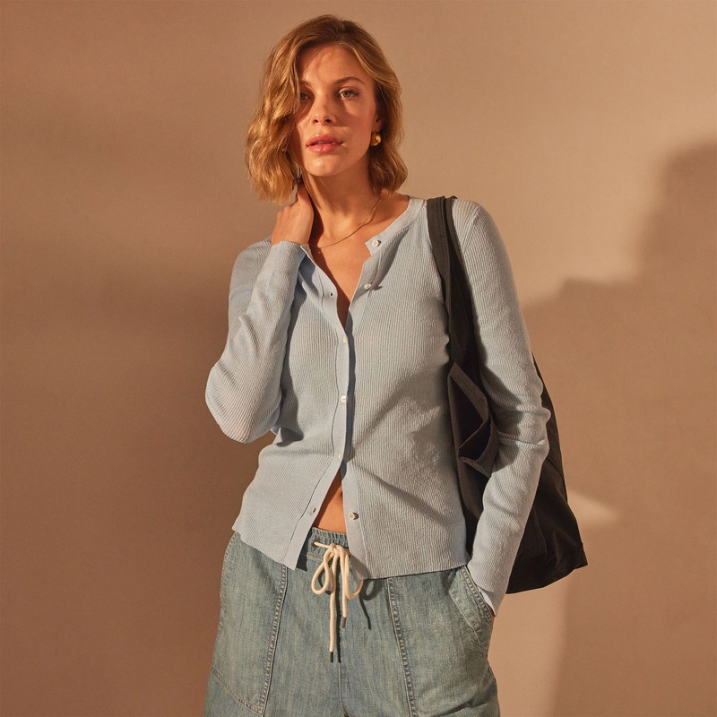 Stretch Linen Ribbed Cardigan – Bleached Blue