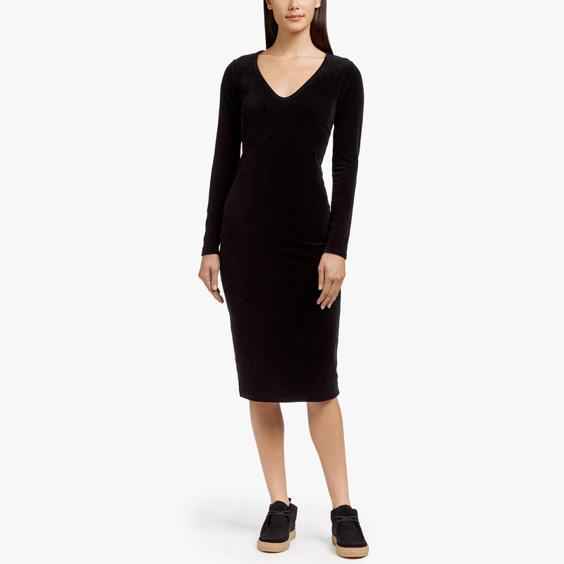 Knit Corduroy Long Sleeve Dress – Black