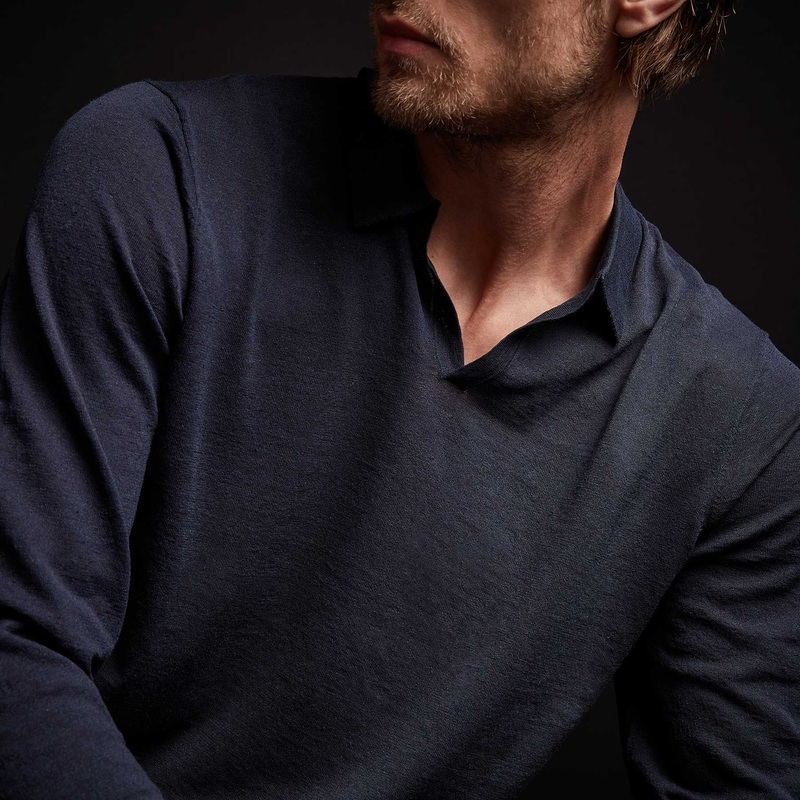 Linen Blend Long Sleeve Polo Sweater – Navy
