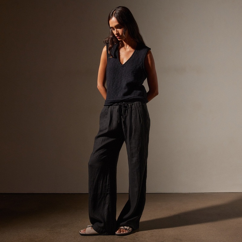Wide Leg Relaxed Linen Pant – Black