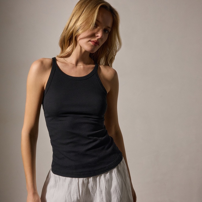 Ribbed High Neck Cami – Black
