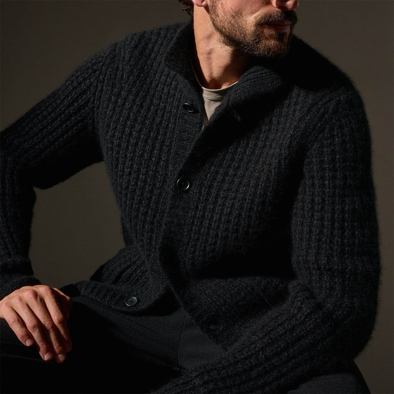 Cashmere Knit Waffle Cardigan – True Black