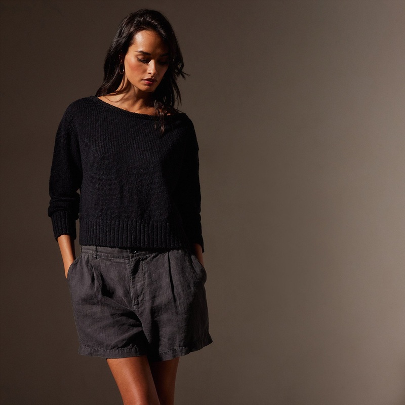 Cotton Linen Boatneck Sweater – Black