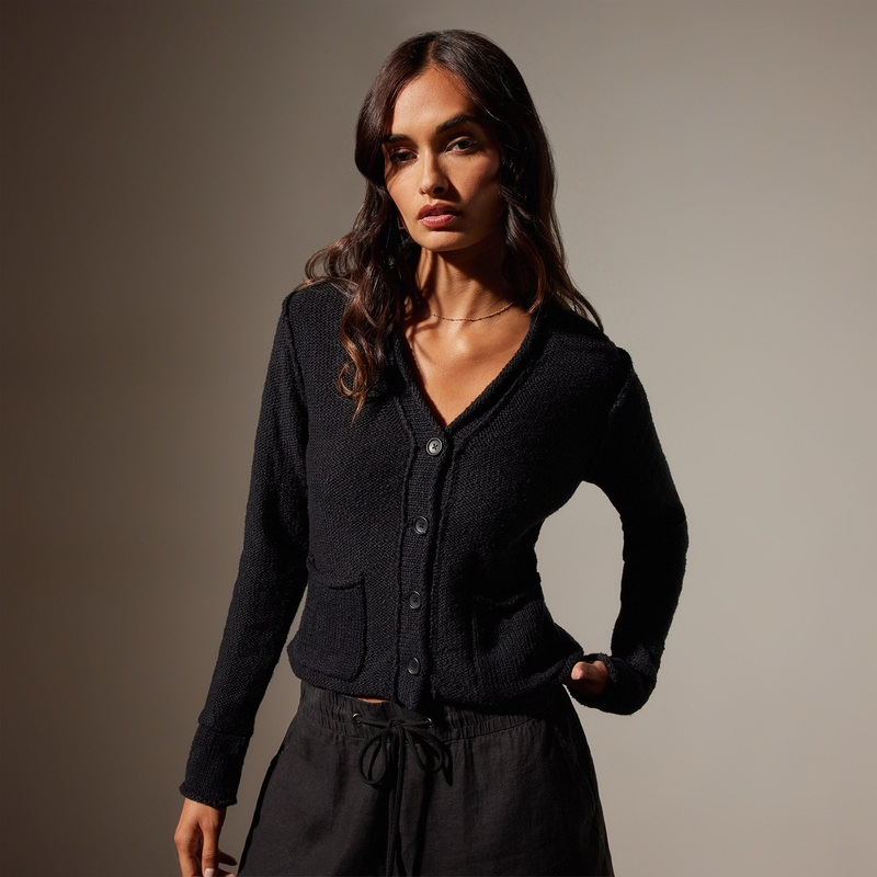 Cotton Linen Button Cardigan – Black