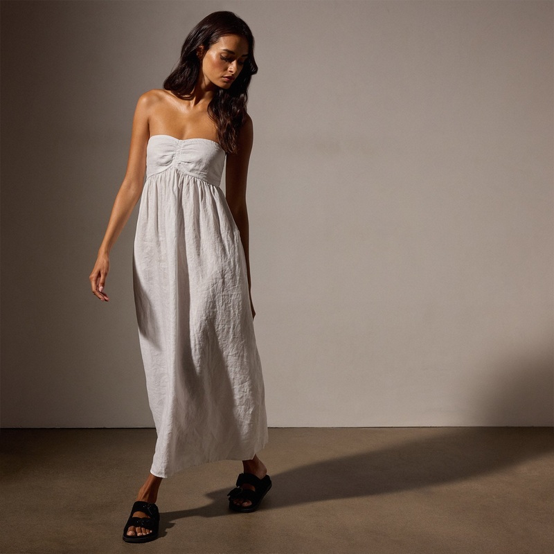 Linen Gathered Tube Dress – White