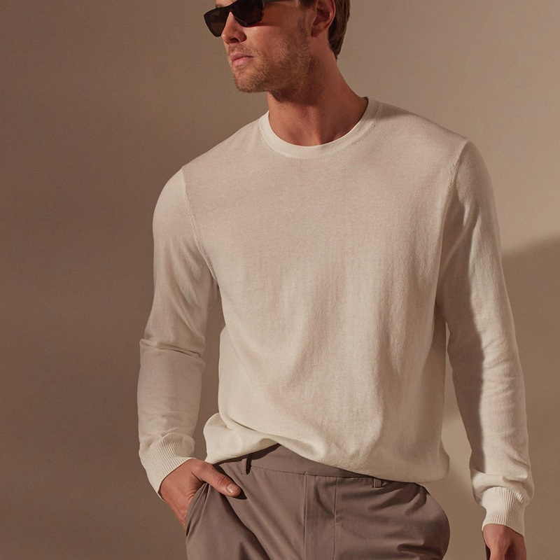 Stretch Cotton Crew Sweater – White