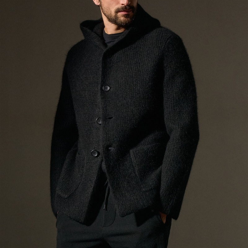 Chunky Waffle Knit Hooded Coat – Black