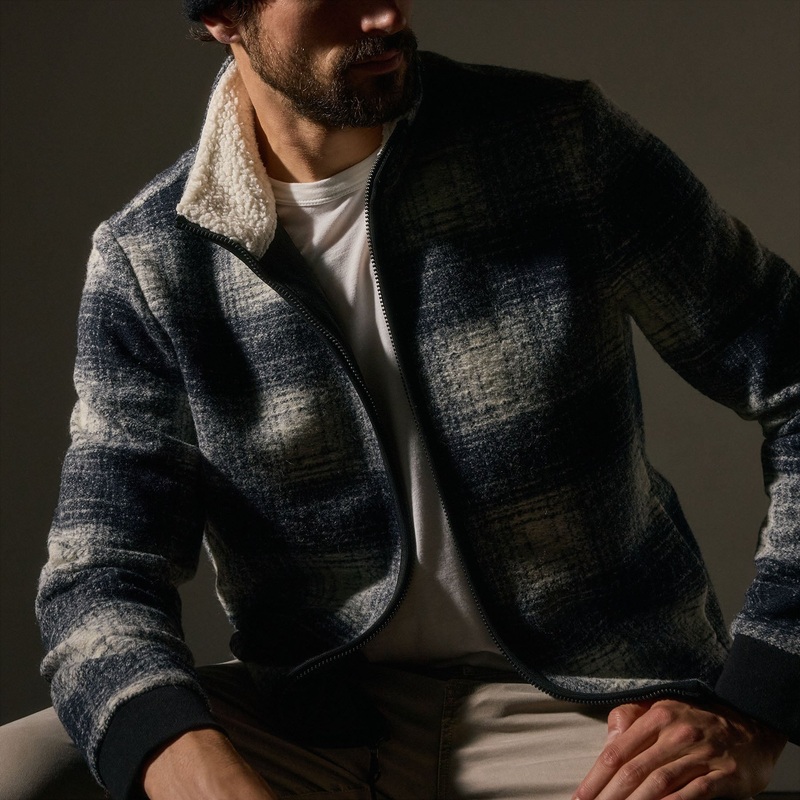 Brushed Plaid Techno Wool Jacket – Navy/White