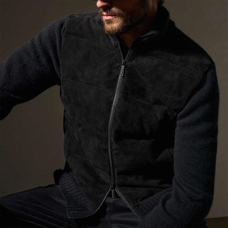 Suede Front Zip Up Sweater – Black