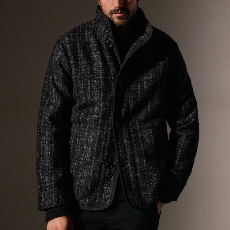 Wool Blend Plaid Car Coat – Black/Grey Plaid
