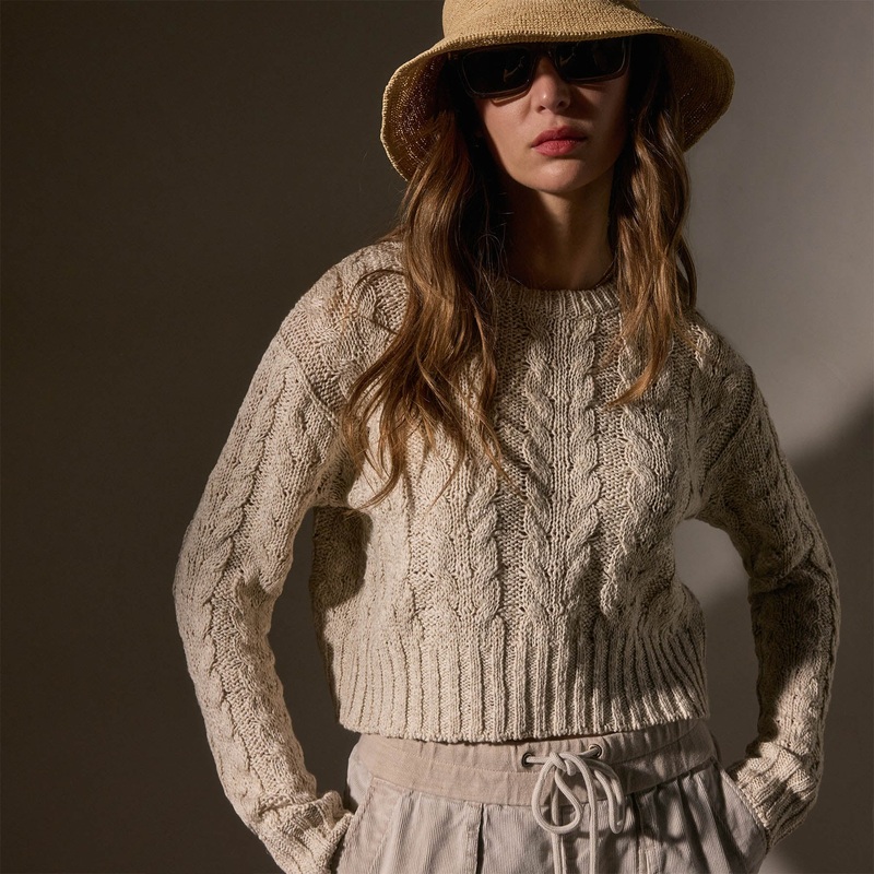 Cotton Linen Chunky Cable Knit Sweater – Natural