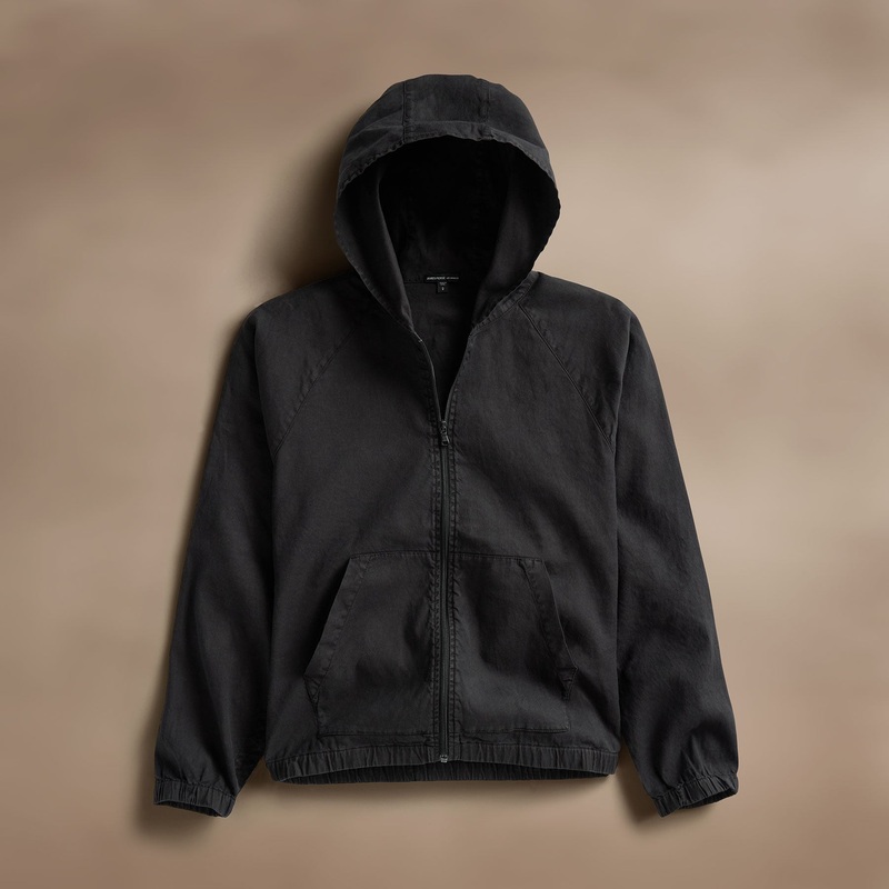 Linen Blend Zip Front Hoodie – Black