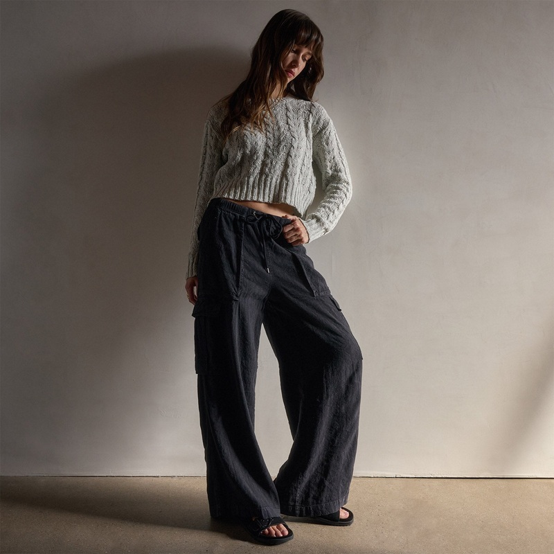 Wide Leg Linen Blend Cargo Pant – Black