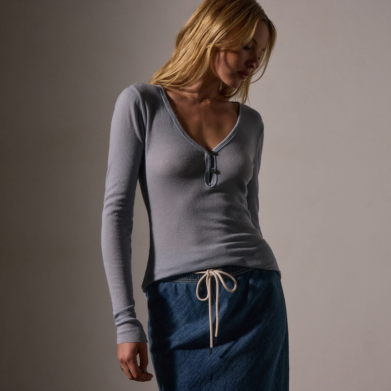 Cotton Cashmere Blend Ribbed Henley – Grey Sky