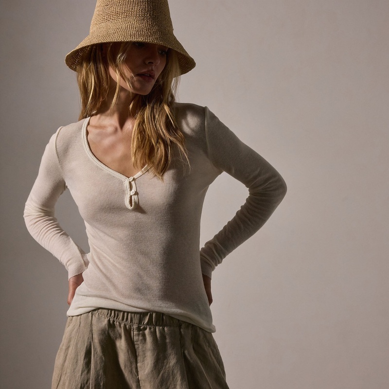 Cotton Cashmere Blend Ribbed Henley – Ivory
