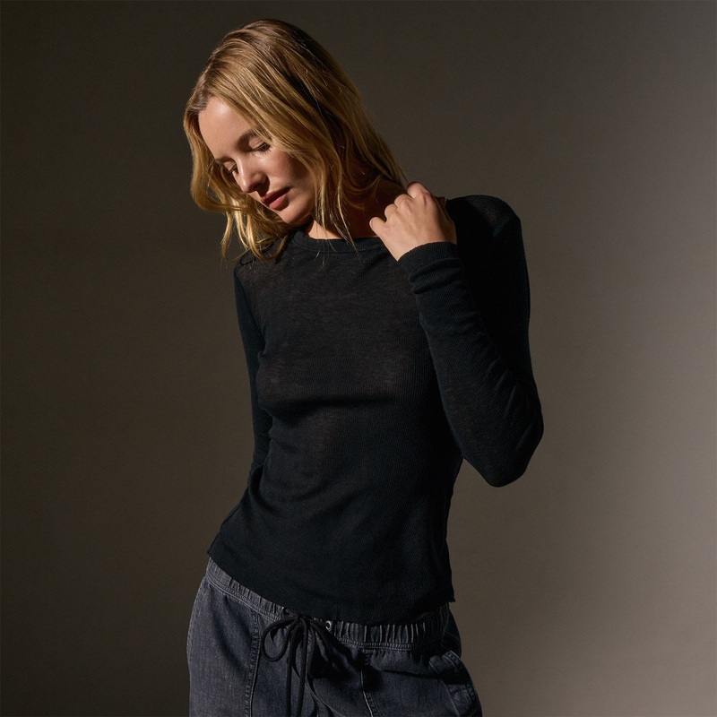 Cotton Cashmere Blend Ribbed Long Sleeve Crew – Black