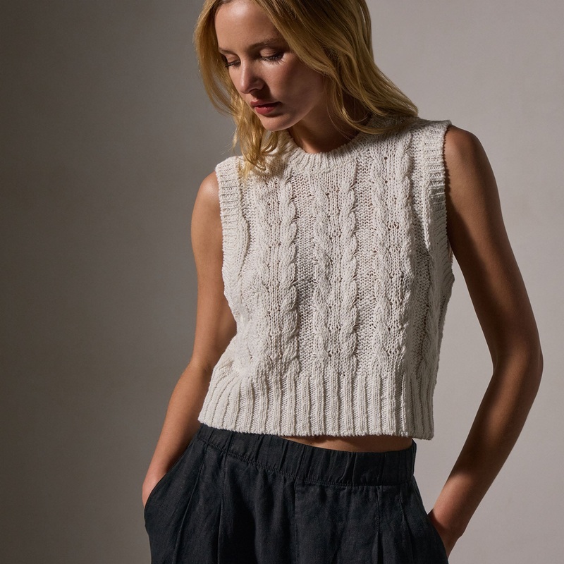 Cotton Linen Cable Knit Vest – White