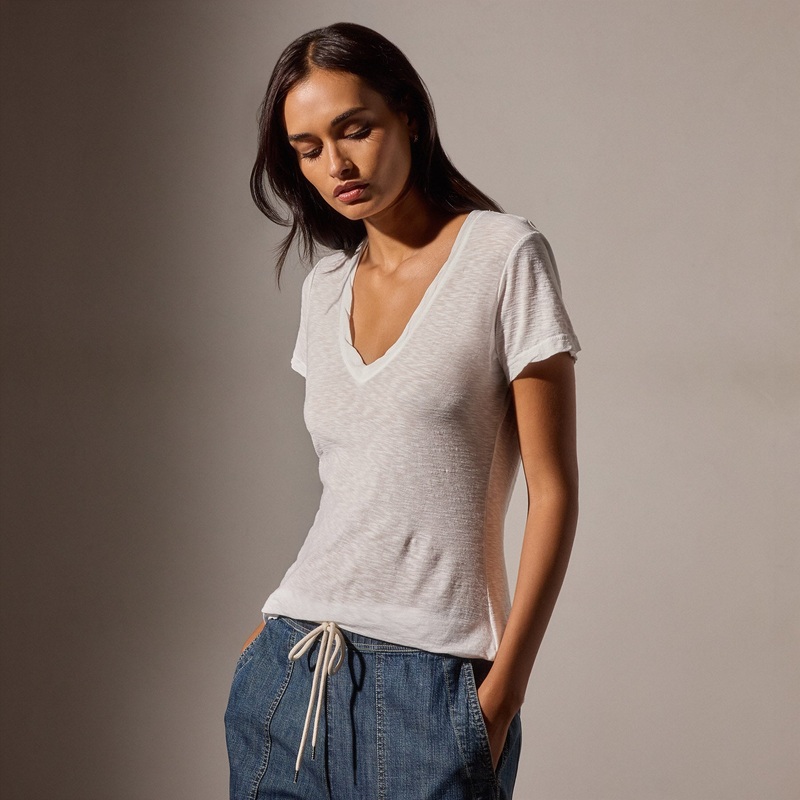 Sheer Slub Casual V Neck – White