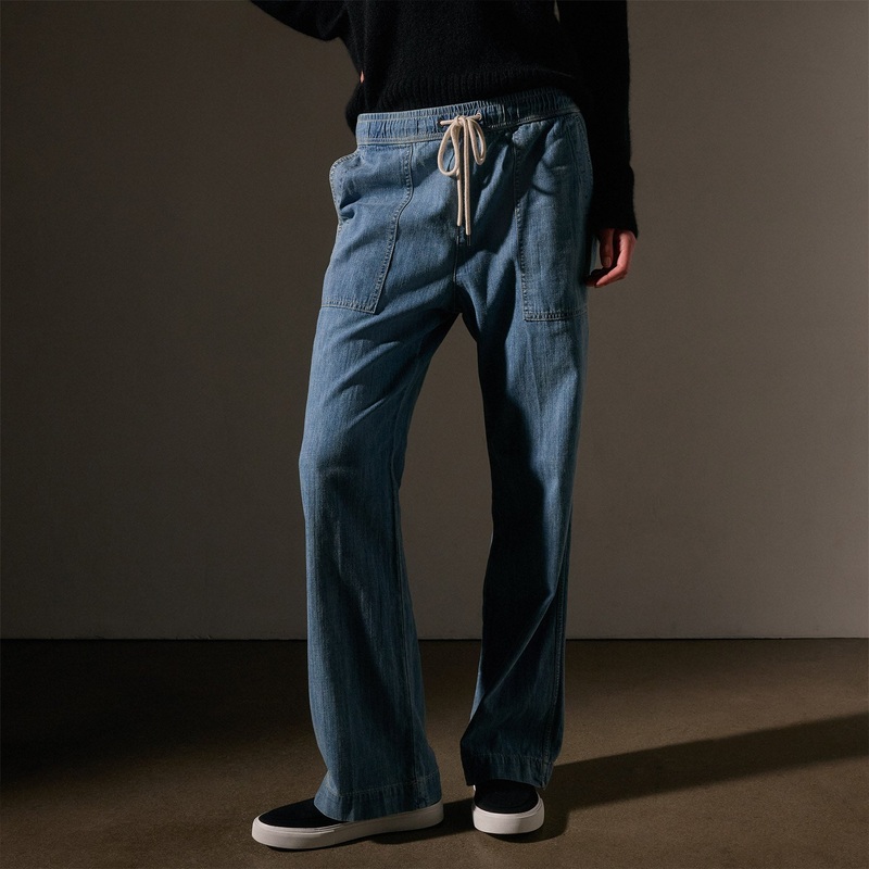 Wide Leg Pull On Denim Pant – Mid Bleach Wash