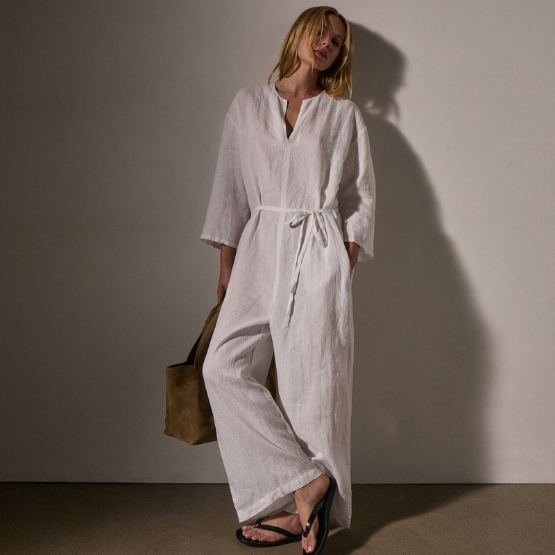 Belted Linen Jumpsuit – White