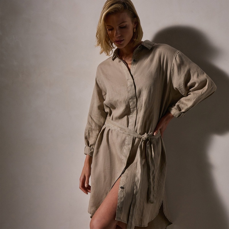 Linen Shirt Dress With Tie – Overcast Pigment