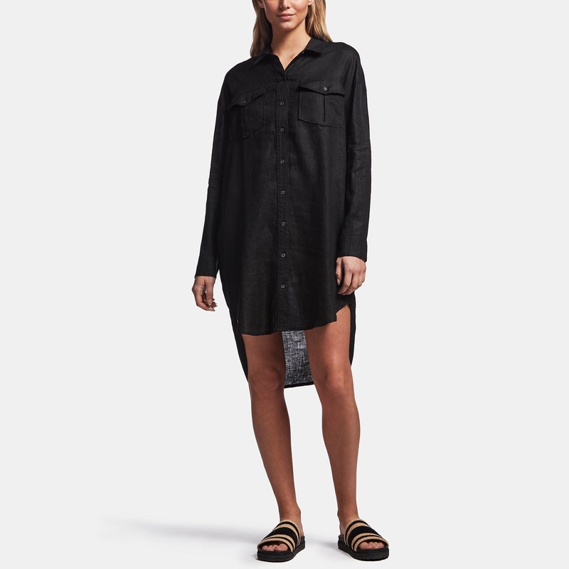 Linen Military Shirt Dress – Black