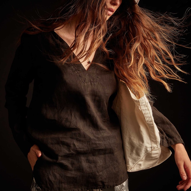 Open Collar Linen Shirt – Black