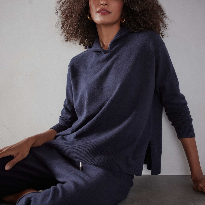 Recycled Cashmere Pullover Hoodie – Navy Blue